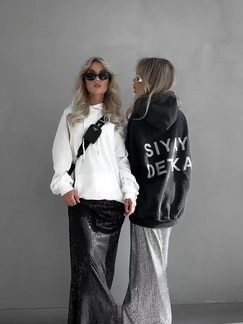 Fashion American Style Hot Drilling Printed Autumn and Winter Hooded Sweatshirt Fashion Brand Lazy Style All-match Loose Top Womens Instagram Fashion White (velvet and thickened)