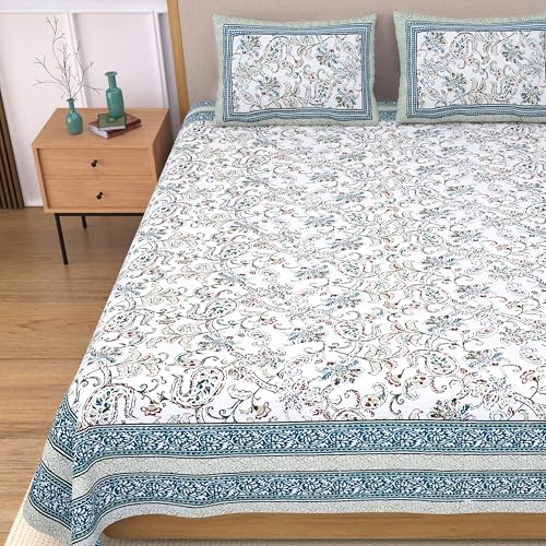 EasyGoods® 100% Pure Cotton Jaipuri Bedsheet with Pillow Covers | Soft & Breathable Fabric | Traditional Floral Print | Cotton Bedsheet (Blue 4, King) - Image 1