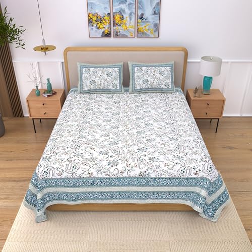 EasyGoods® 100% Pure Cotton Jaipuri Bedsheet with Pillow Covers | Soft & Breathable Fabric | Traditional Floral Print | Cotton Bedsheet (Blue 4, King) - Image 2