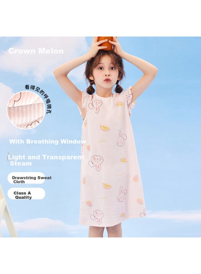 Top melon Dingguagua Top Girl's Sleeveless Nightgown, Pure Cotton, Thin Summer Style, Children's Pajamas, All-cotton Breathable, Pink Little Rabbit, 170 - Image 1