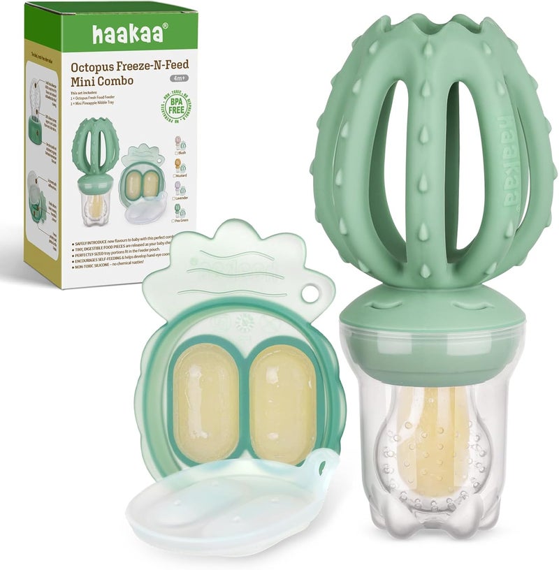 haakaa Octopus Baby Fruit Food Feeder & Mini Freezer Nibble Tray Combo - BPA Free Silicone for Safe Infant Self Feeding, 4 Months+ (Pea Green) - Image 1