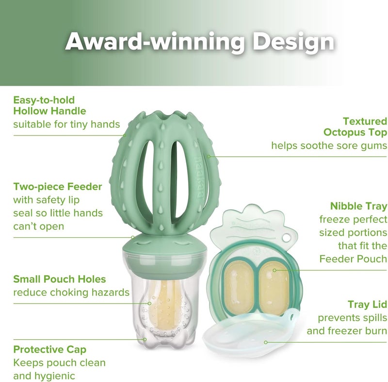 haakaa Octopus Baby Fruit Food Feeder & Mini Freezer Nibble Tray Combo - BPA Free Silicone for Safe Infant Self Feeding, 4 Months+ (Pea Green) - Image 3