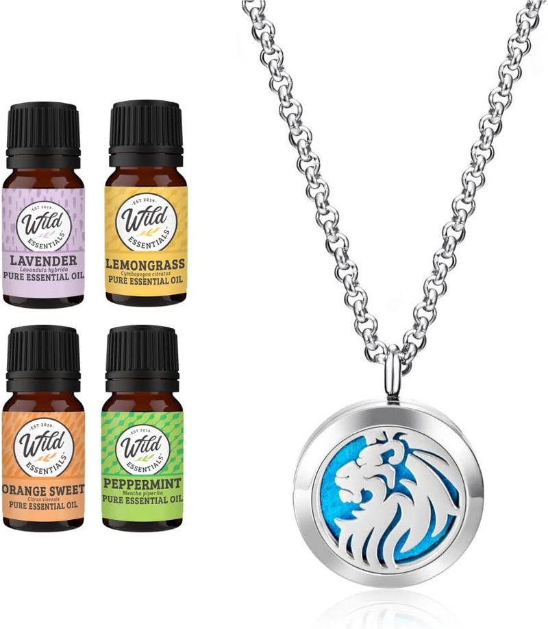 mEssentials Wild Essentials King Lion Necklace Essential Oil Diffuser Kit with Lavender, Lemongrass, Peppermint, Orange Oils, 12 Refill Pads, Calming Aromatherapy Gift Set, Customizable Color Changing, Perfume 