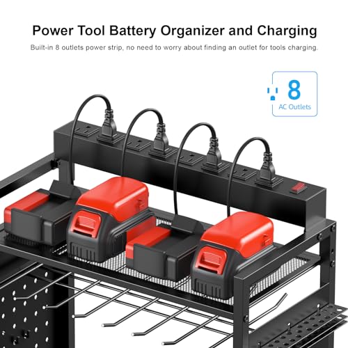 CCCEI Garage Power Tools Organizer Cart with Charging Station, Black Floor Standing Rolling Drill and Tools Battery Storage Cart on Wheels. Black Utility Rack Gift for Men, Husband, Father. - Image 2