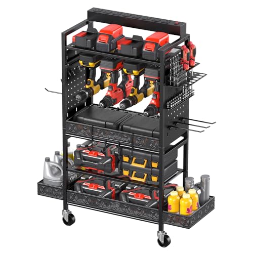 CCCEI Garage Power Tools Organizer Cart with Charging Station, Black Floor Standing Rolling Drill and Tools Battery Storage Cart on Wheels. Black Utility Rack Gift for Men, Husband, Father. - Image 3