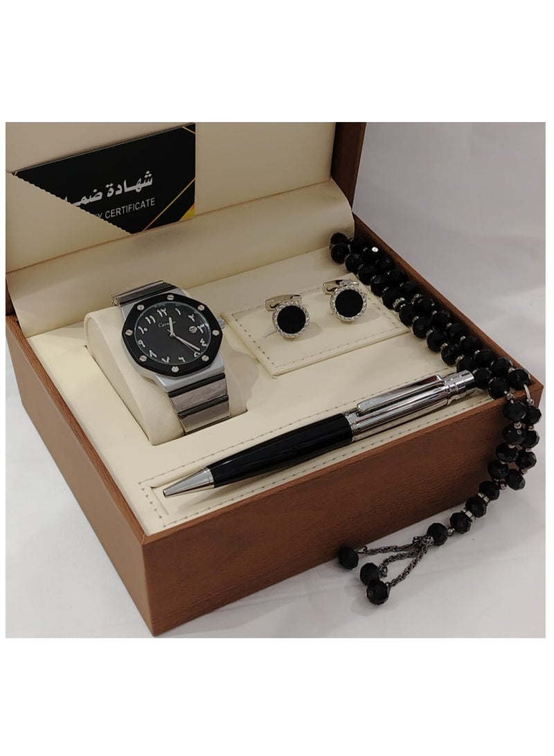 Generic 4-Piece Watch Gift Set for Men (Wristwatch with Pen, Set of Buttons and Rosary) 