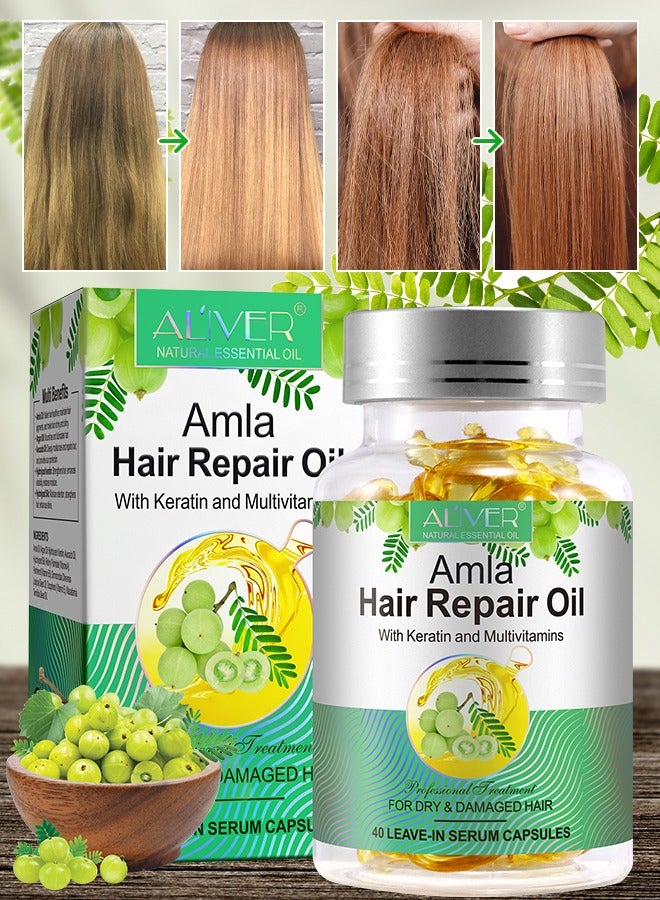 ALIVER 40 قطعة من كبسولات زيت الأملا لإصلاح الشعر زيت الأملا العضوي مع الكيراتين والفيتامينات المتعددة زيت إصلاح الشعر بالأملا يضيء ويغذي ويعالج الشعر الجاف والتالف سيروم يُترك في الشعر - Image 1