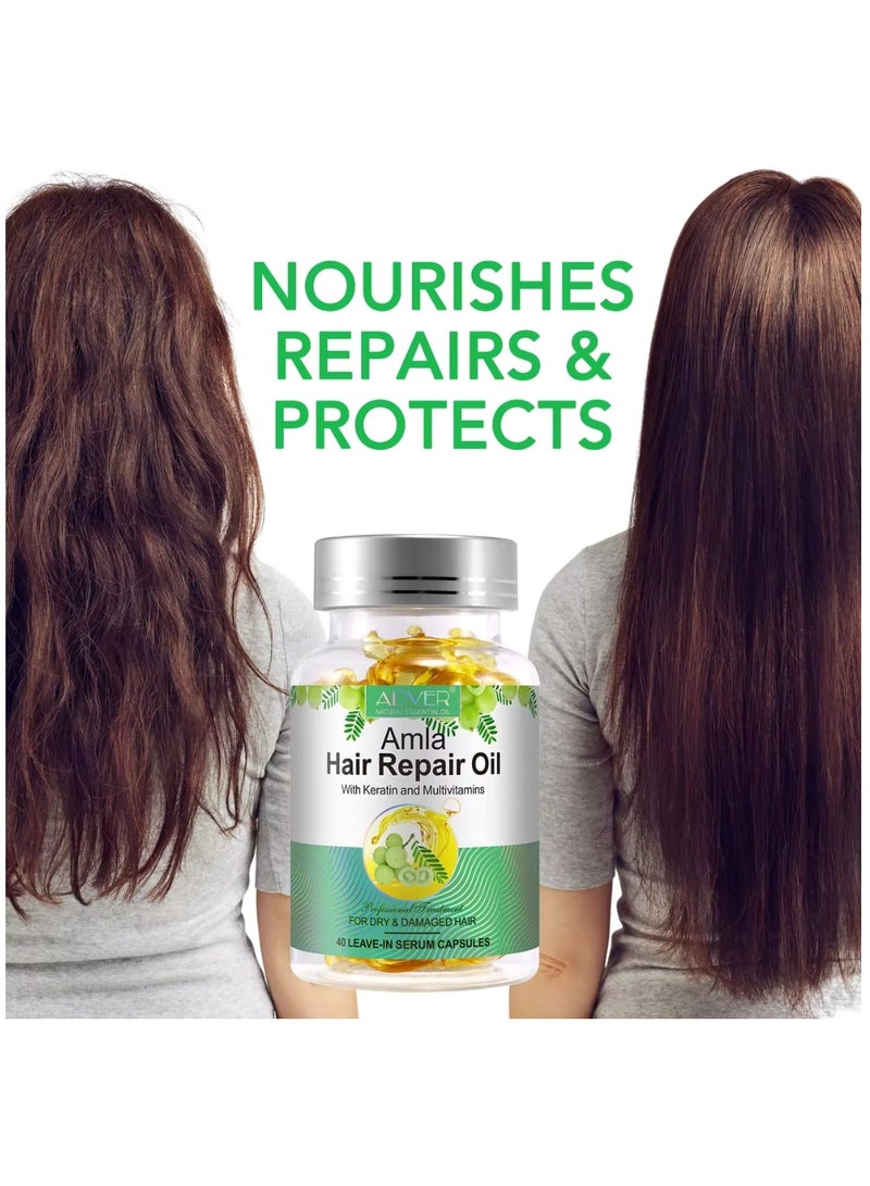 ALIVER 40 قطعة من كبسولات زيت الأملا لإصلاح الشعر زيت الأملا العضوي مع الكيراتين والفيتامينات المتعددة زيت إصلاح الشعر بالأملا يضيء ويغذي ويعالج الشعر الجاف والتالف سيروم يُترك في الشعر - Image 2