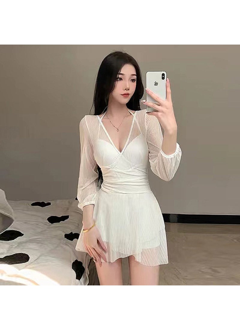 Generic - New Womens One-Piece Swimwear Summer Lace Long Sleeve Thermal Bath Pure Color Slimming Belly Covering Skirt Style Swimming Suit 8801 White - Image 1