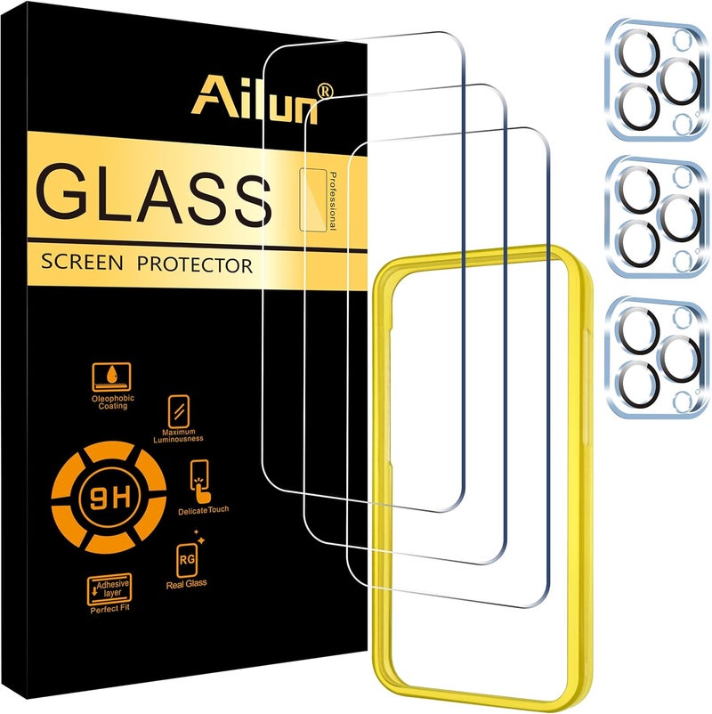 Ailun 3 Pack Screen Protector for iPhone 15 Pro [6.1 inch] + 3 Pack Camera Lens Protector with Installation Frame,Case Friendly Tempered Glass Film,[9H Hardness] - HD - Image 1