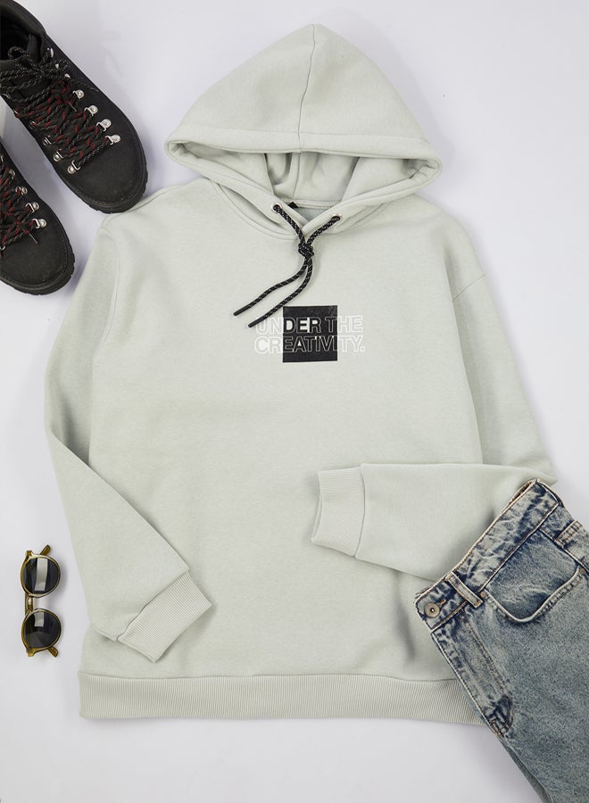 trendyol Grey 100% Cotton Oversize/Wide Cut Hooded Long Sleeve Back Printed Sweatshirt - Image 5