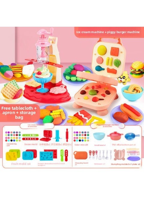 Children's Color Mud Hamburger Noodle Machine Toy Plasticine Mold Tools Suit Handmade Clay Girl-Specification:48 Mud [piggy Burger Maker + Ice Cream Maker] 79-piece Set [storage Bag + Apron + Tablecloth