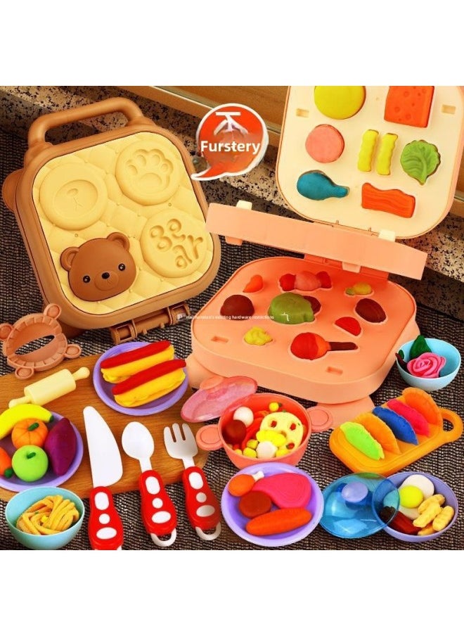 Children's Color Mud Hamburger Noodle Machine Toy Plasticine Mold Tools Suit Handmade Clay Girl-Specification:48 Mud [piggy Burger Maker + Ice Cream Maker] 79-piece Set [storage Bag + Apron + Tablecloth