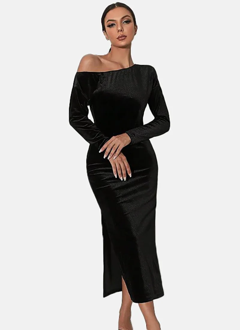 YUNIQEE Black Solid Long Sleeve One-Shoulder Midi Wrap Dress