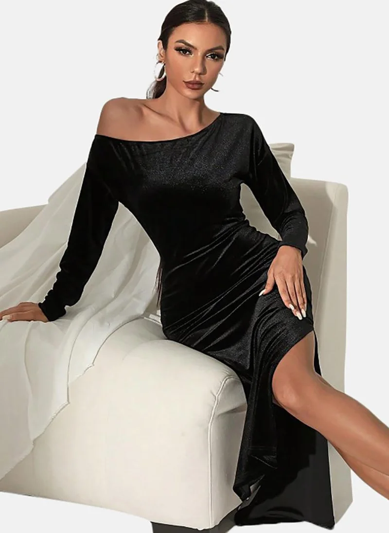 YUNIQEE Black Solid Long Sleeve One-Shoulder Midi Wrap Dress