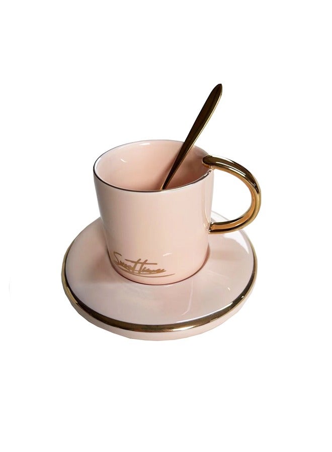 Gold Rim Round Ceramic Coffee Cup And Saucers Spoon Set - Image 1