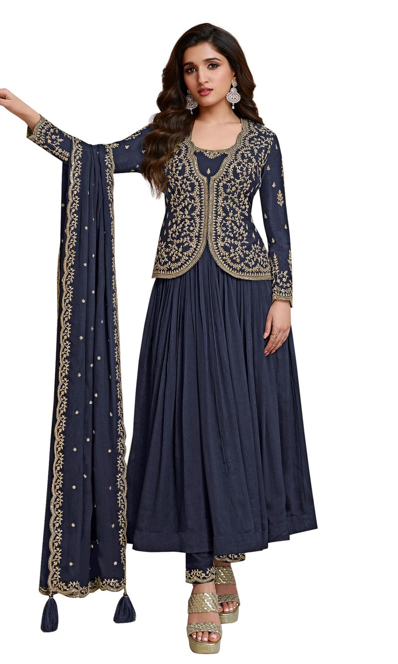 TRENDMALLS Women's Silk Blend Embroidery Shrug Pleated Kurta Pant Set with Dupatta (G250-Blue-S) - Image 1