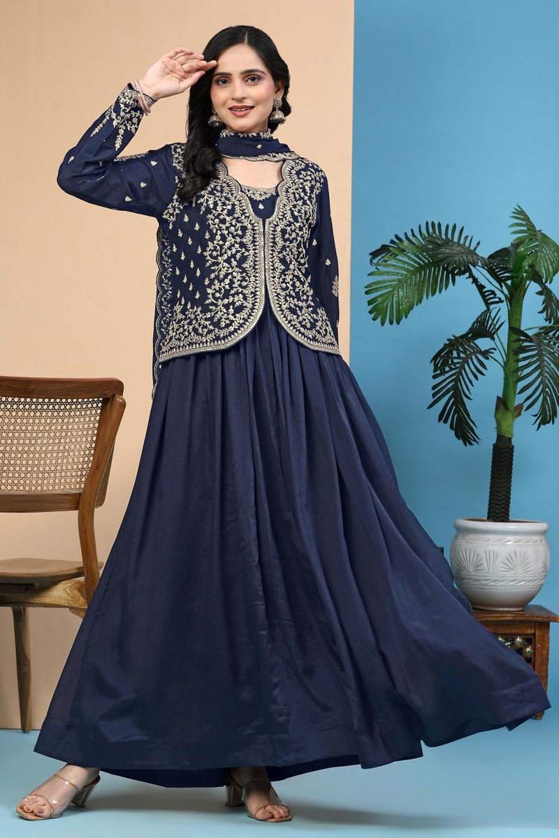 TRENDMALLS Women's Silk Blend Embroidery Shrug Pleated Kurta Pant Set with Dupatta (G250-Blue-S) - Image 3