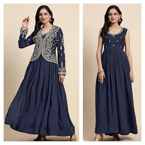 TRENDMALLS Women's Silk Blend Embroidery Shrug Pleated Kurta Pant Set with Dupatta (G250-Blue-S) - Image 4