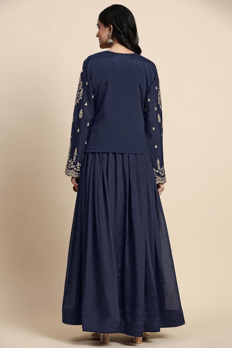 TRENDMALLS Women's Silk Blend Embroidery Shrug Pleated Kurta Pant Set with Dupatta (G250-Blue-S) - Image 2