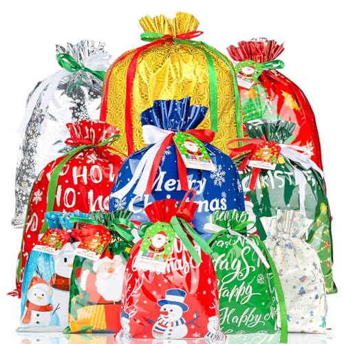 RBONIGHT 38PCS Christmas Drawstring Gift Bags of Assorted Sizes Small Medium Large Jumbo Holiday Bags with Colorful Drawstrings for Xmas Party FavorsChristmas Presents - Image 1