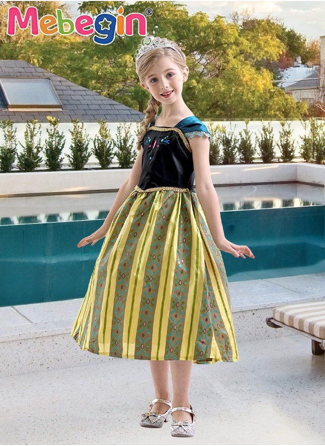 MEBEGIN Princess Anna Costume with Stylish Design, Fabulous Snow Queen Party Dress, Fancy Elegant Outfit for Girls, Fairy Tale Dress with Gold Filigree, Suitable for Party, Birthday, Funfair, Stage Performance, Cosplay and Any Other Special Occasions  - Image 1