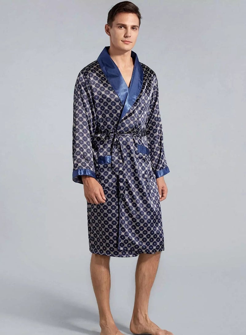 Men Allover Print Belted Satin Robe - Image 1
