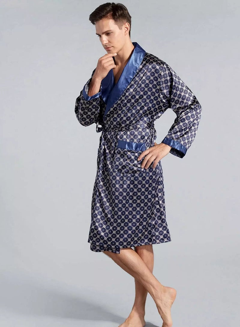 Men Allover Print Belted Satin Robe - Image 5