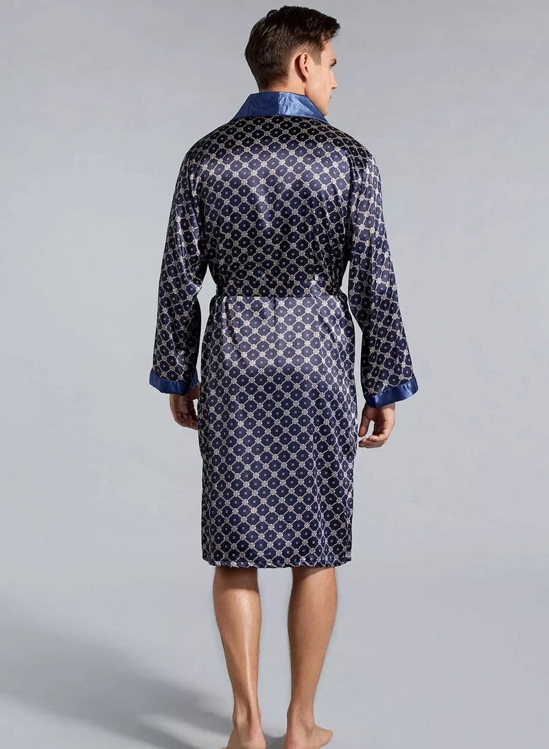 Men Allover Print Belted Satin Robe - Image 2