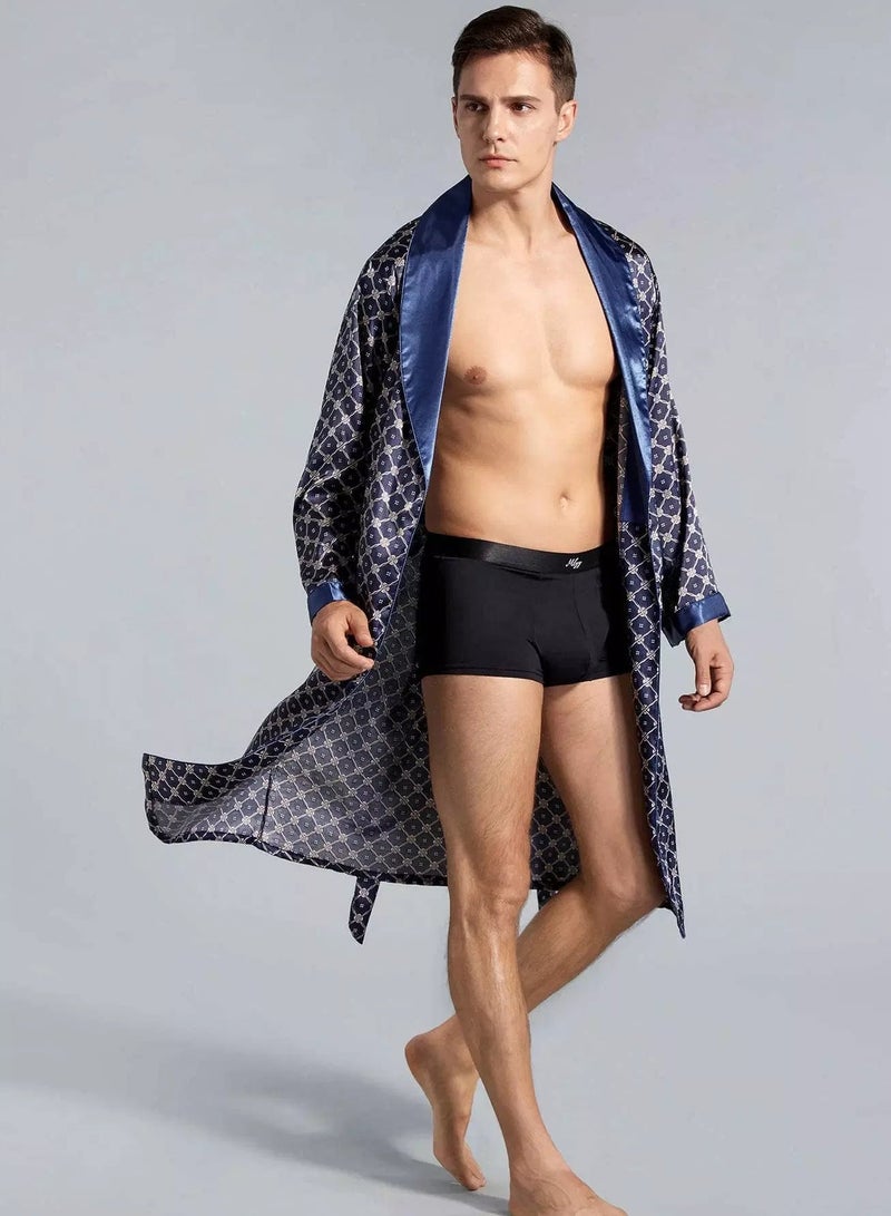 Men Allover Print Belted Satin Robe - Image 3
