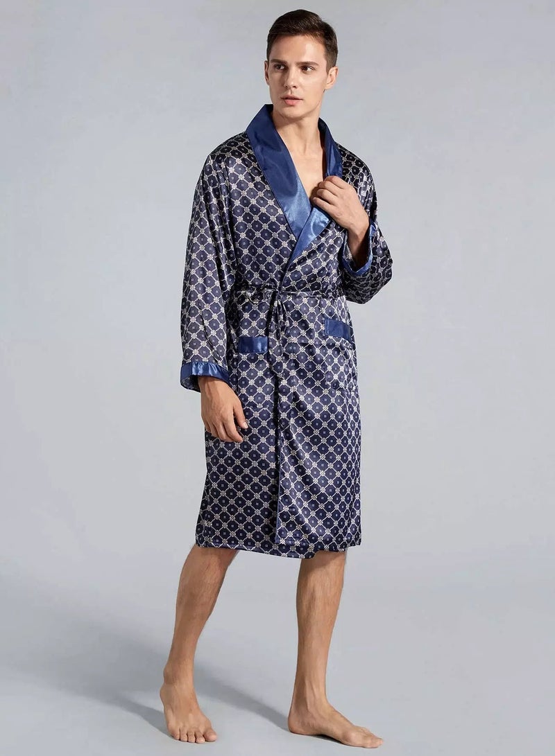 Men Allover Print Belted Satin Robe - Image 4