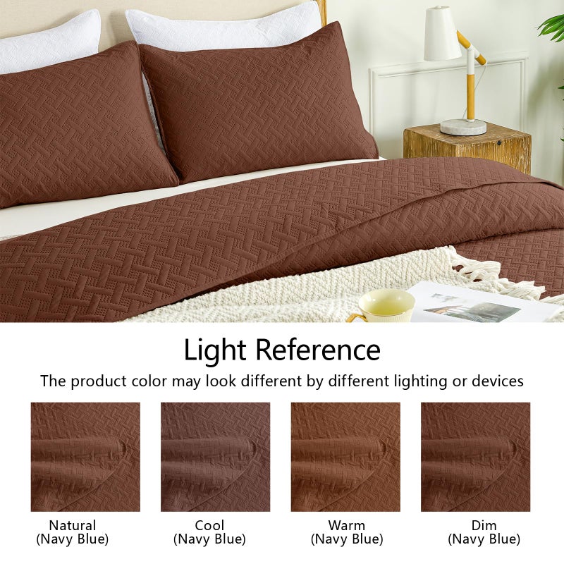 FLYMME Full/Queen Quilt Bedding Set, Brown Lightweight Microfiber Bedspread, Modern Geometric Weave Stripe Pattern, Soft Summer & All-Season Bed Coverlet, Includes 1 Quilt & 2 Shams - Image 5