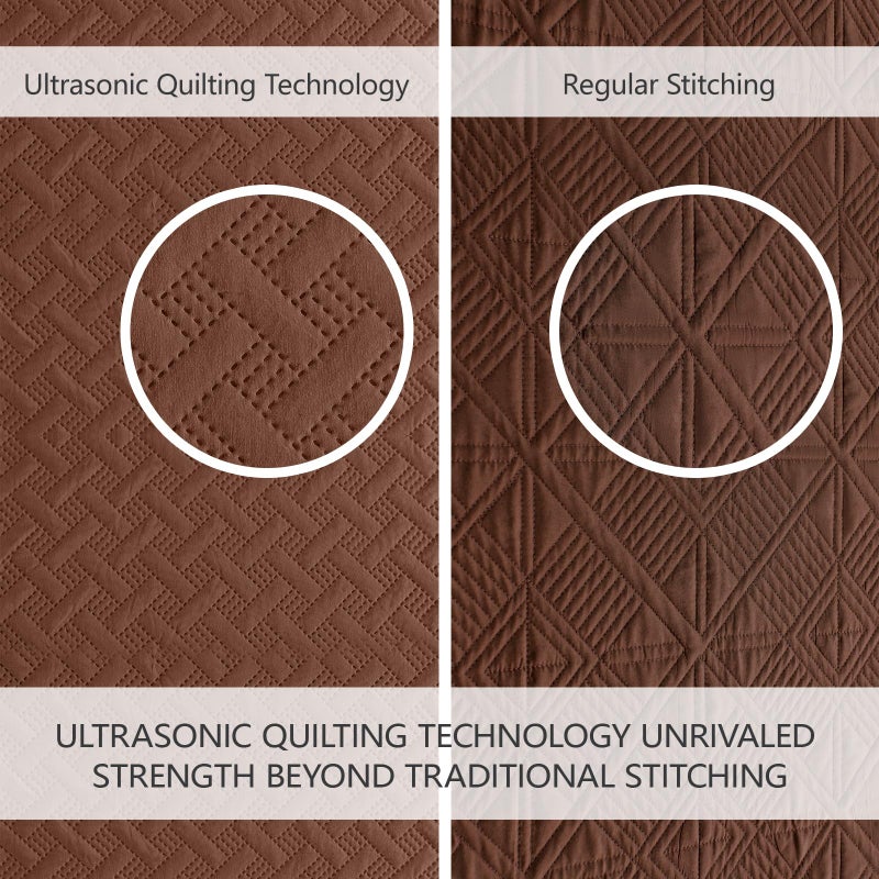 FLYMME Full/Queen Quilt Bedding Set, Brown Lightweight Microfiber Bedspread, Modern Geometric Weave Stripe Pattern, Soft Summer & All-Season Bed Coverlet, Includes 1 Quilt & 2 Shams - Image 3