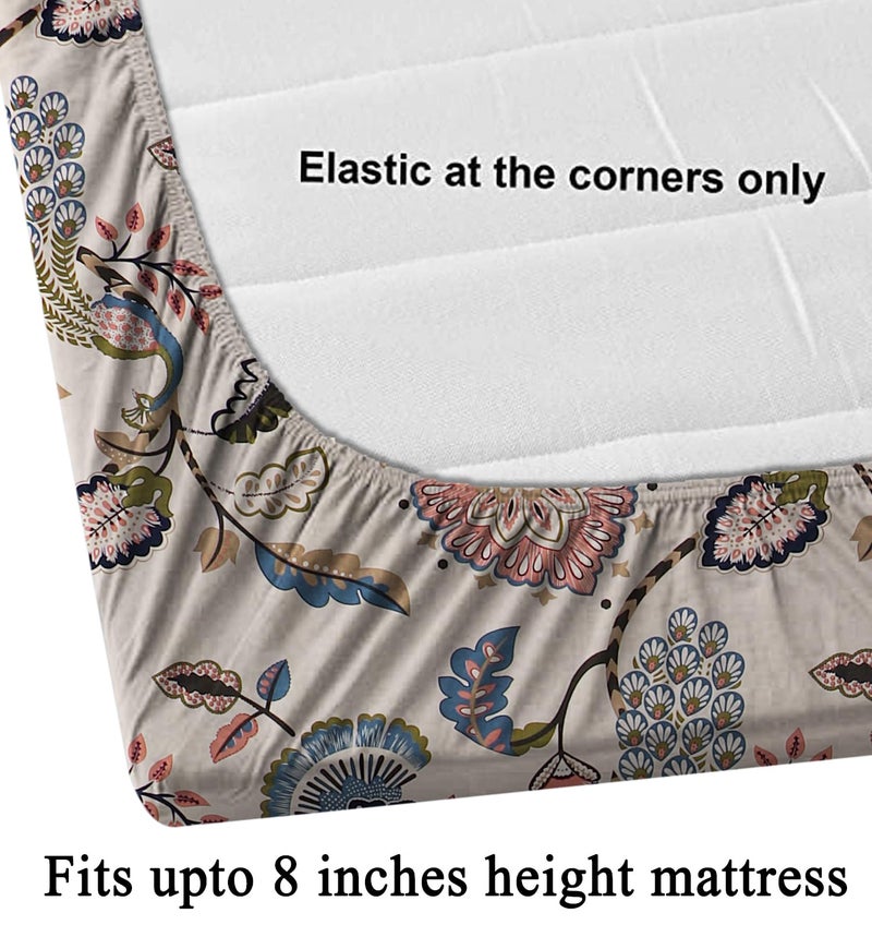 SHOMES Cotton Feel Glace Cotton Elastic Fitted Bedsheet with 2 King Size Pillow Covers | Double Bed with All Around Elastic, Fits Upto 8 Inches Mattress, Size 72 x 78 Inches (Beige, Peacock Printed) - Image 4
