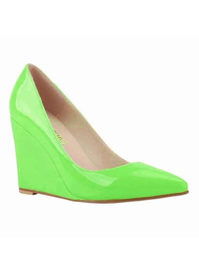 Loquat Versatile patent leather pointed-toe shallow-mouth wedge women's single shoes over 8cm Neon Green - Image 1