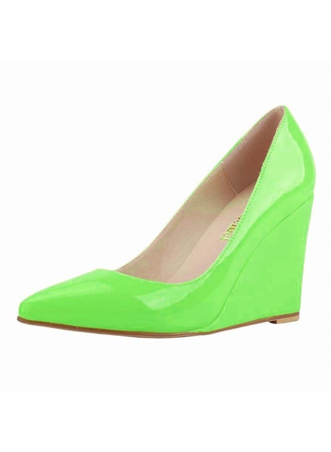 Loquat Versatile patent leather pointed-toe shallow-mouth wedge women's single shoes over 8cm Neon Green - Image 2
