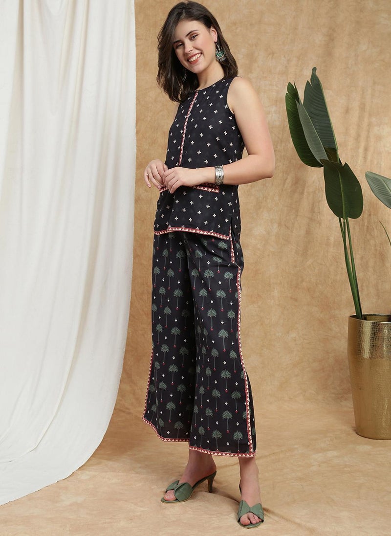 Globus Women Black Round Neck Mandarin Collar Ethnic Print Flared Tunic & Palazzos Fusion Co-Ord Set - Image 3