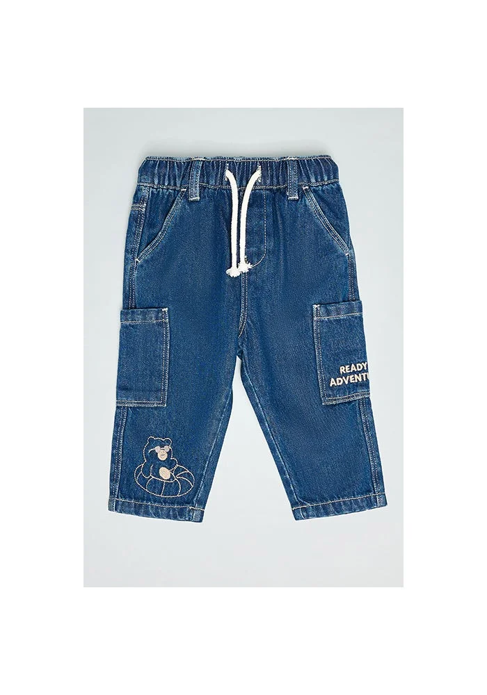 R&b Embroidered Cargo Jeans with Drawstring Waist