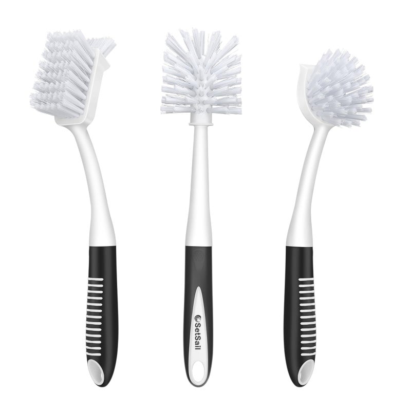 SetSail Dish Brush Set of 3 with Bottle Brush, Dish Scrub Brush with Long Handle Deep Cleaning Handle Brush with Scraper Tip for Kitchen Sink Dishes Bottle Cup Pot and Pans Tile Lines, Black - Image 1
