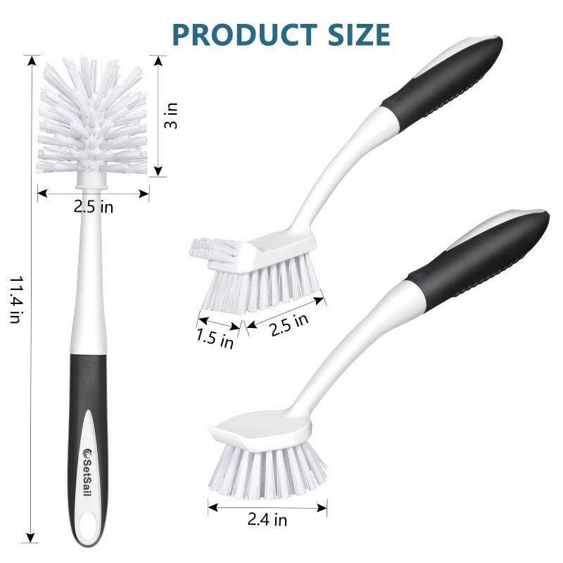 SetSail Dish Brush Set of 3 with Bottle Brush, Dish Scrub Brush with Long Handle Deep Cleaning Handle Brush with Scraper Tip for Kitchen Sink Dishes Bottle Cup Pot and Pans Tile Lines, Black - Image 2