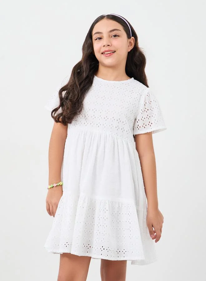 ستايلي Styli White Cotton Schiffli Dress