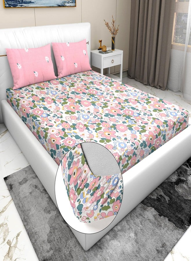 RD TREND® Presents Luxurious Glace Cotton Super Soft 210 TC 360° Elastic Fitted Bedsheet King Size (78X72X8 Inch) with 2 Pillow Covers, Color- Cream Pink Pattern-Floral - Image 1