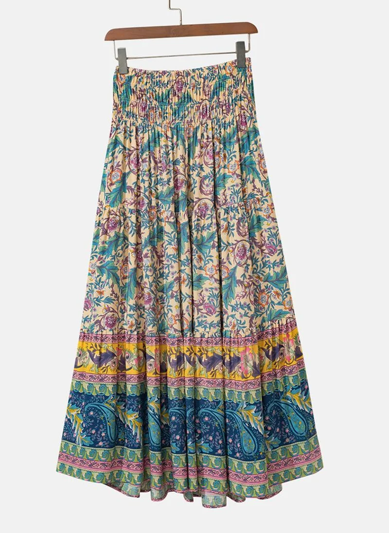 YUNIQEE Blue Printed Tiered Maxi Skirt