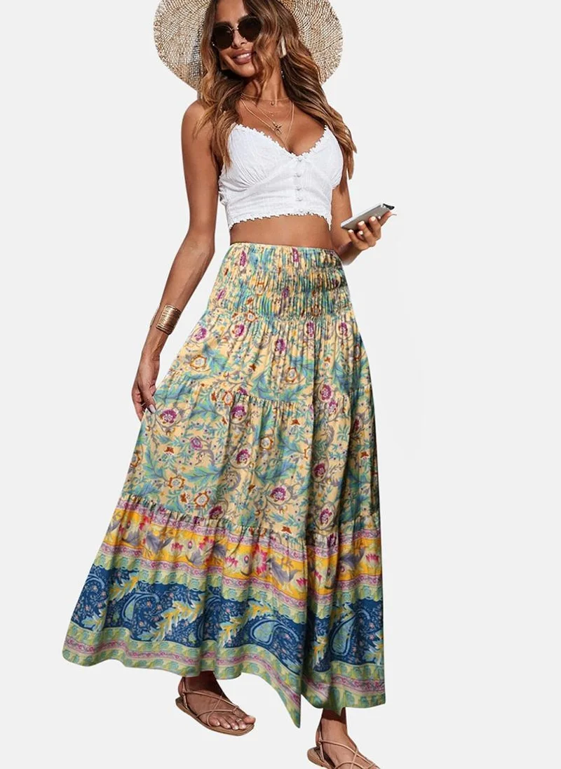 YUNIQEE Blue Printed Tiered Maxi Skirt