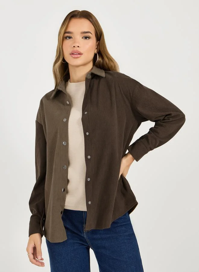 Styli Oversized Color Block Corduroy Button Up Shirt