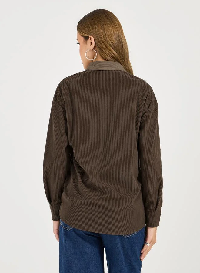 Styli Oversized Color Block Corduroy Button Up Shirt