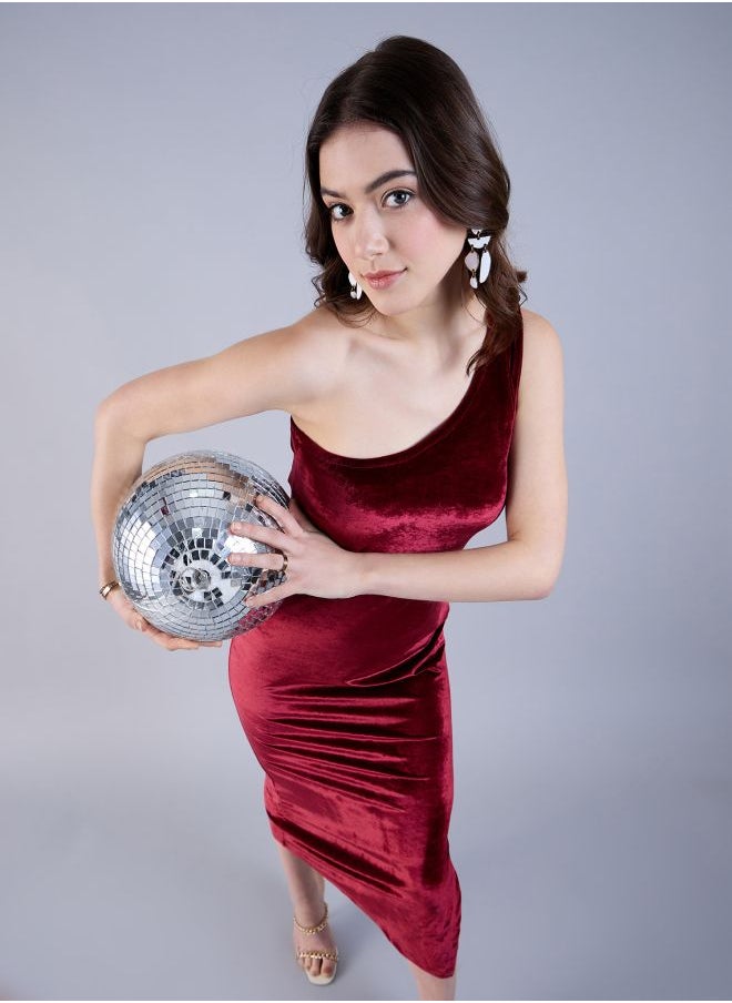 Freehand - Women Flared Party Wear Solid One Shoulder Dress - Image 1