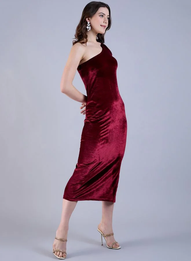 مرفوعة Women Flared Party Wear Solid One Shoulder Dress