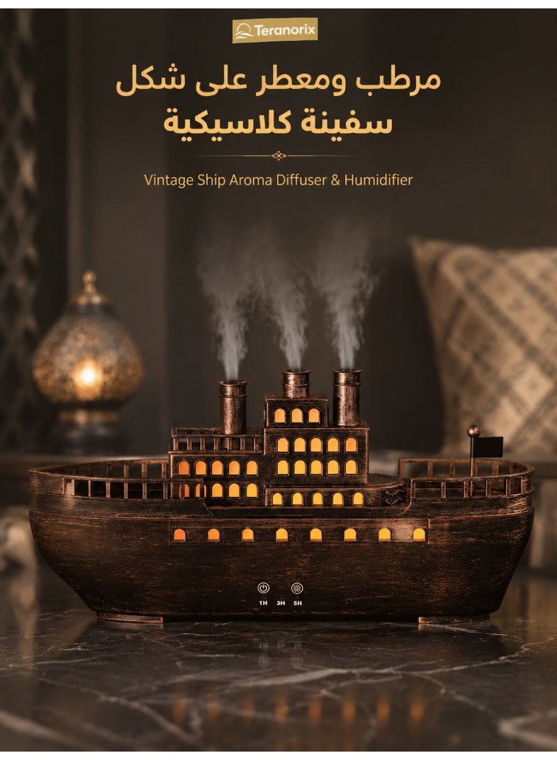 Teranorix Retro Wooden Ship-Shaped Aroma Diffuser Humidifier with LED Night Light | Ultrasonic Cool Mist Humidifier for Home, Office, Bedroom | 2-8 Hour Timer + Automatic Power-Off Protection - Image 1