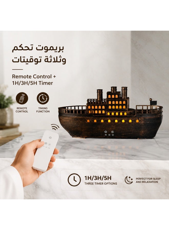 Teranorix Retro Wooden Ship-Shaped Aroma Diffuser Humidifier with LED Night Light | Ultrasonic Cool Mist Humidifier for Home, Office, Bedroom | 2-8 Hour Timer + Automatic Power-Off Protection - Image 4